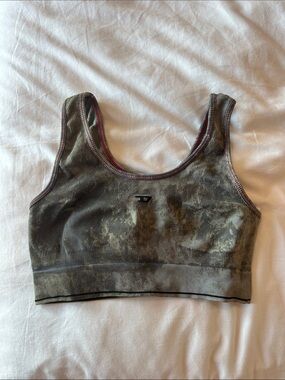 Diesel Olive Green Ribbed Seamless Sports Bra with Pink Trim